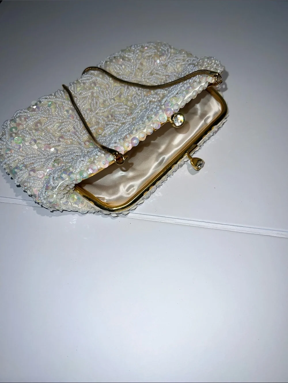 Source Unknown Ivory Pearl & Sequin Beaded Evening Clutch Vintage 1950s